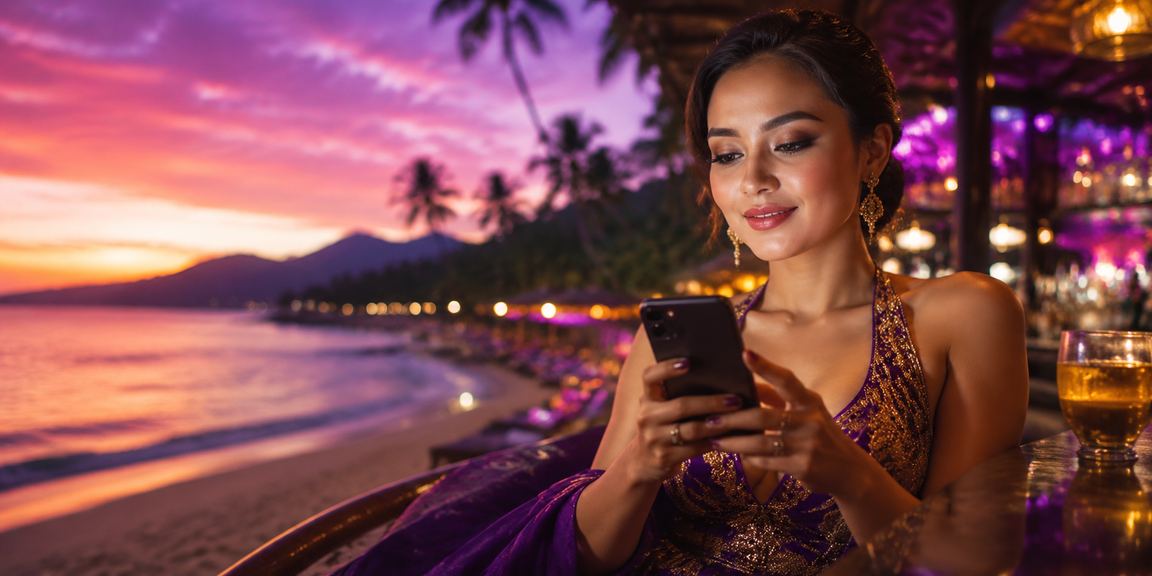 Pemain mengakses platform casino mobile di tepi pantai dengan suasana santai