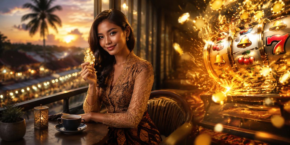 Seseorang menikmati permainan slot sambil minum kopi di kafe dengan suasana Vietnam