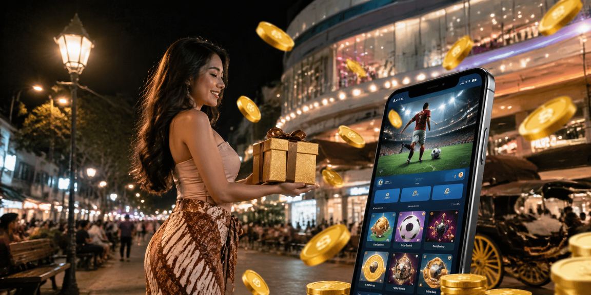 Model memegang ponsel menampilkan halaman taruhan olahraga dengan informasi data akun